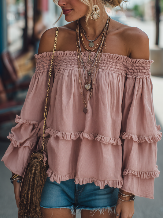 Pink Vintage Off Shoulder Long Sleeve Loose Cotton Linen Shirt