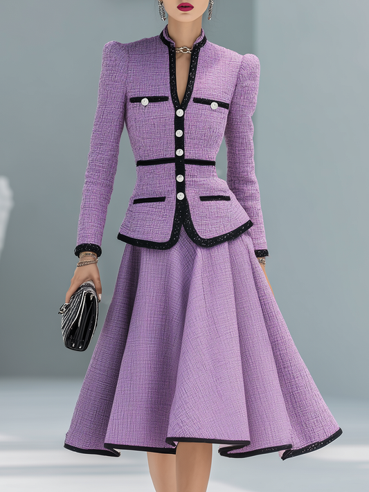 Elegant Purple Tweed Two-Piece Blazer and Skirt Set