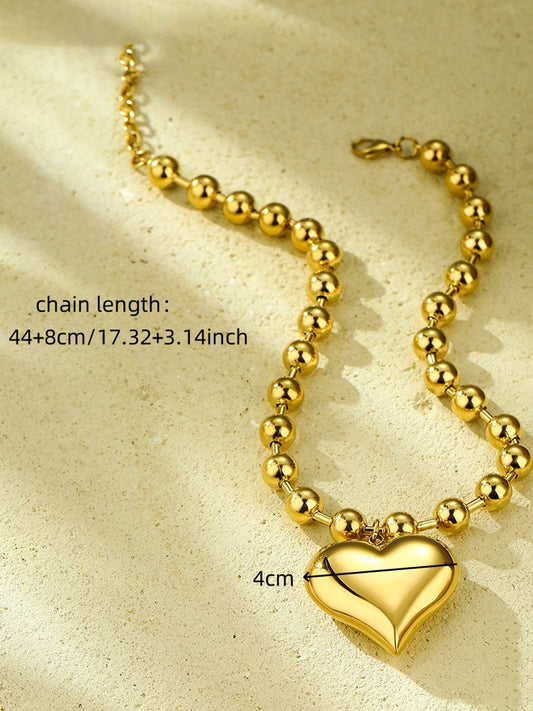 Chic 18k Gold Stainless Steel Beaded Heart Charm Necklace