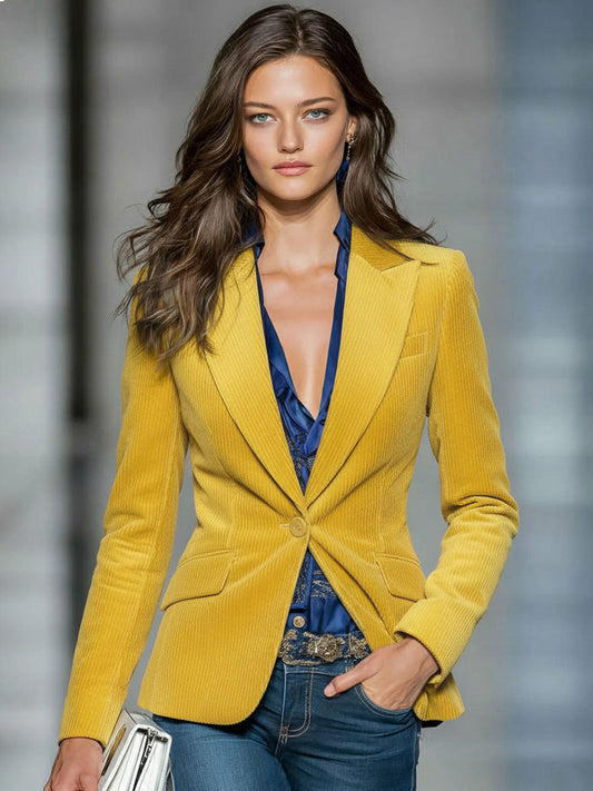 Retro Corduroy One-Button Blazer Soft Textured Vintage Style Jacket