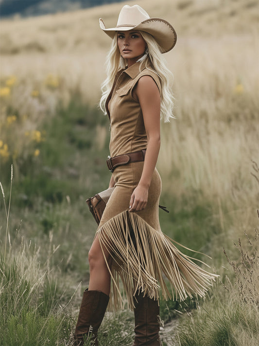 WX Retro Western Style Sleeveless Tassel Midi Dress Light Brown