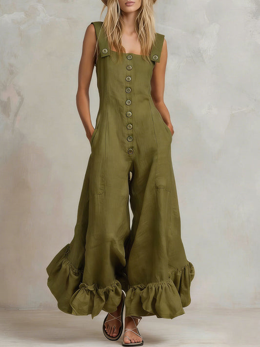 Cotton Linen Wide Shoulder Strap Flared Ruffle Sleeveless Jumpsuit Army Green