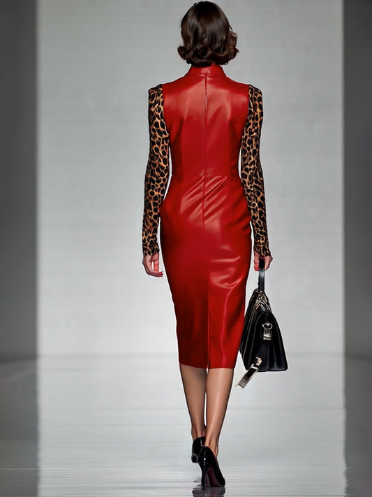 Bold Red PU Stitching Leopard Print Zipper Midi Dress