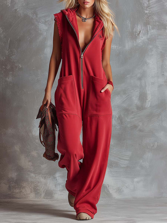 Sporty Cotton Hooded V-Neck Jumpsuit with Front Zipper Closure