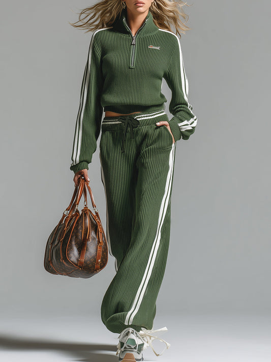 Sporty Half-Zip Knitted Sweater And Pants Set Green