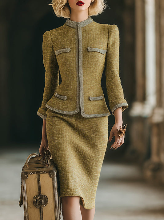 Elegant Light Gold Tweed Jacket and Skirt Set Vintage Style