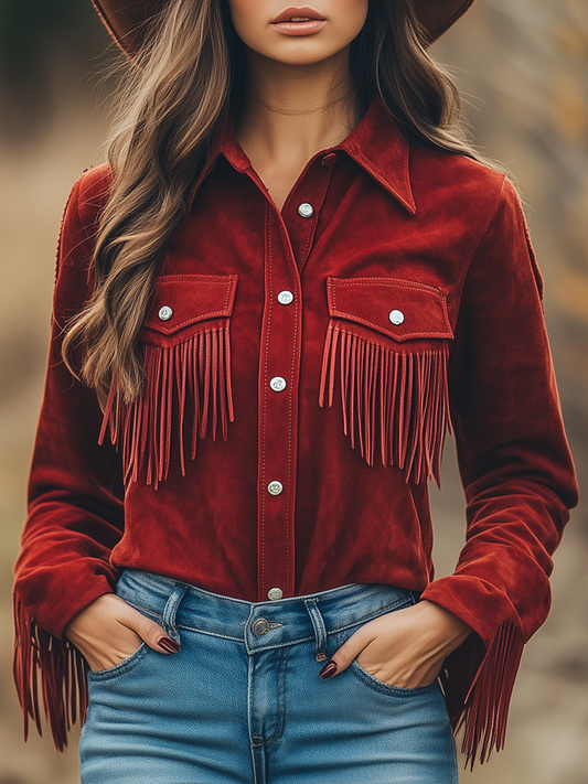 QMY Western Cowboy Shirt Faux Suede Tassel Detail Red