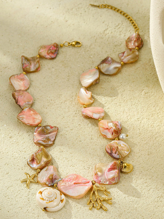 Coastal Chic Pink Shell Coral Stainless Steel Statement Necklace