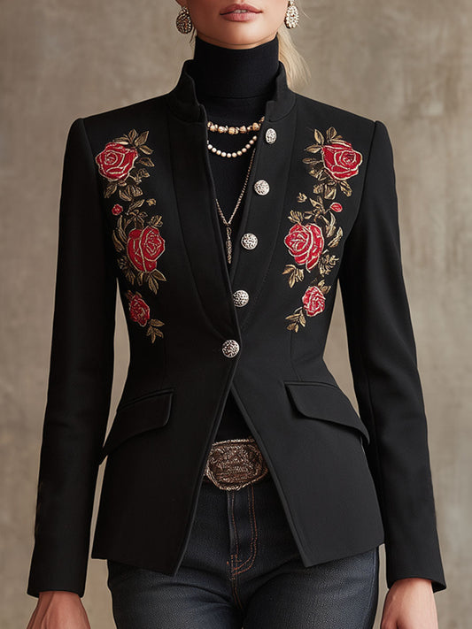 Elegant Stand Collar Single-Breasted Woolen Blazer With Rose Embroidery