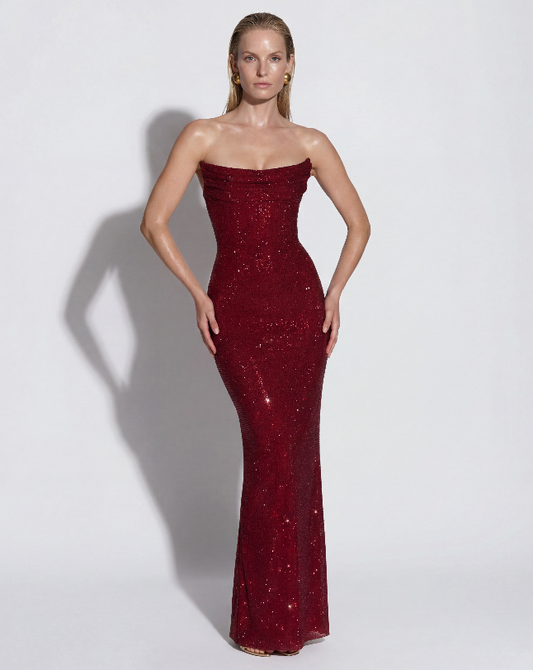 Burgundy Sequin Maxi Dress for Women – Strapless Corset Back Wedding Guest Evening Gown