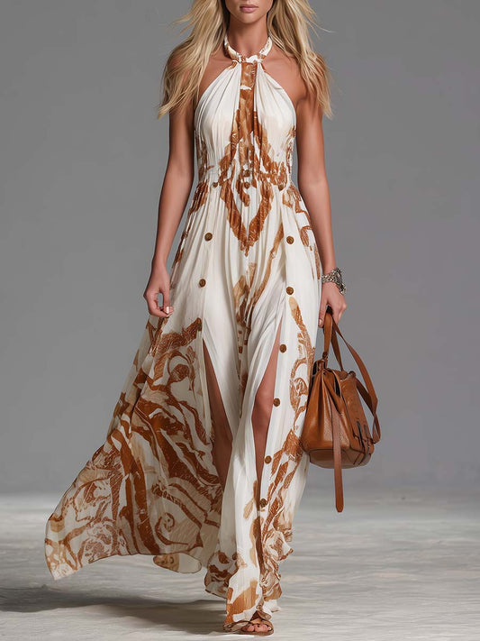 CSS Vintage Bohemian Halter Neck Western Print Chiffon Maxi Dress