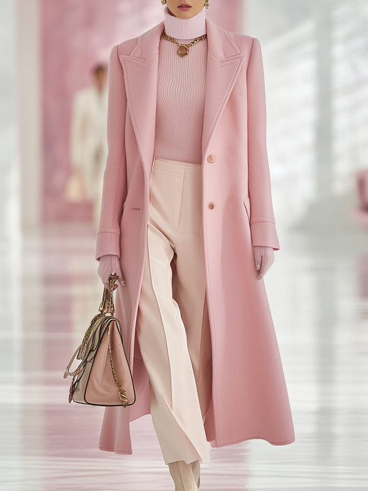 Classic Pink Tweed Long Coat with Lapel and Single-breasted Closure