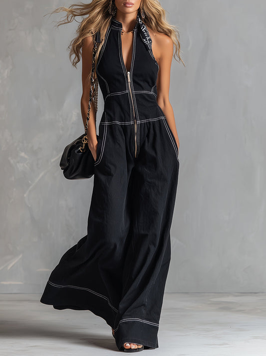 Stylish Black Tencel Denim Sleeveless Wide-Leg Jumpsuit with Front Zipper