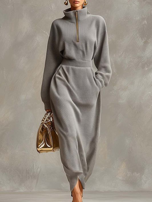 Waffle Knit Maxi Dress With Front Zipper Light Gray