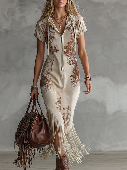 Vintage Print Faux Suede Hooded Maxi Dress Off-White