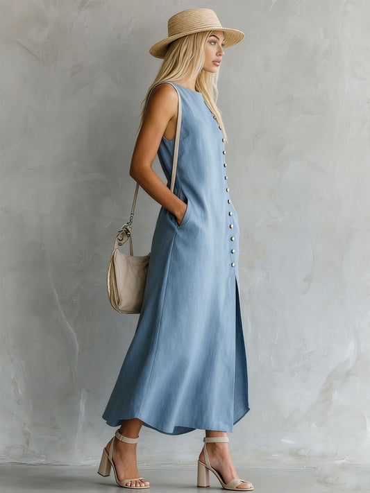 Breathable Blue Cotton Sleeveless Midi Dress with Side Slits