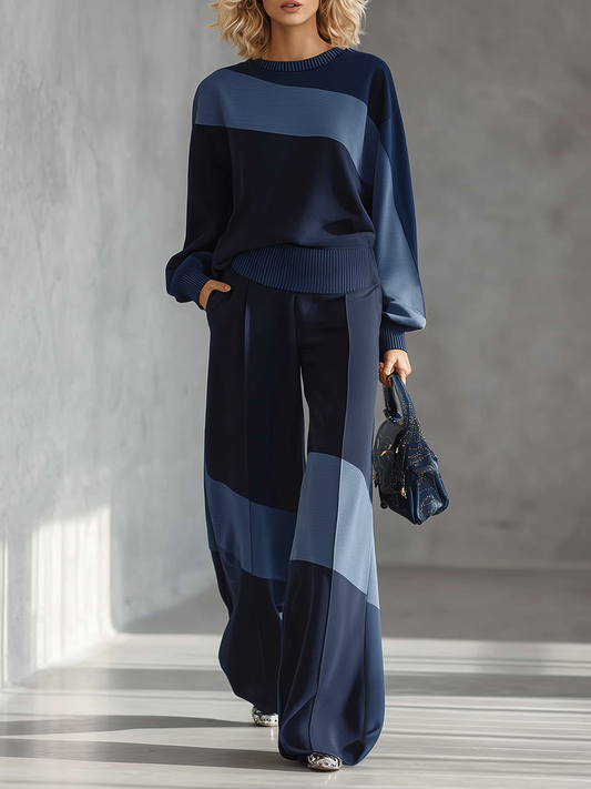 ZT Patchwork Cotton Sweatshirt and Sweatpants Matching Set Dark Blue