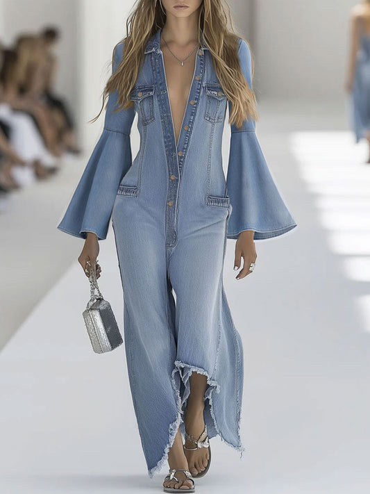 Casual Retro Light Blue Denim Flared Long-Sleeved Wide-Leg Jumpsuit