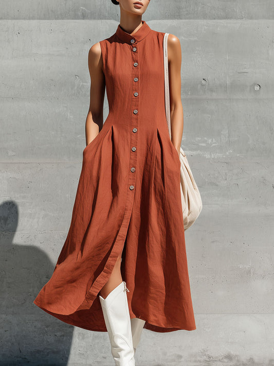 BXL Casual Retro Linen Sleeveless Cardigan Midi Dress Brick Red
