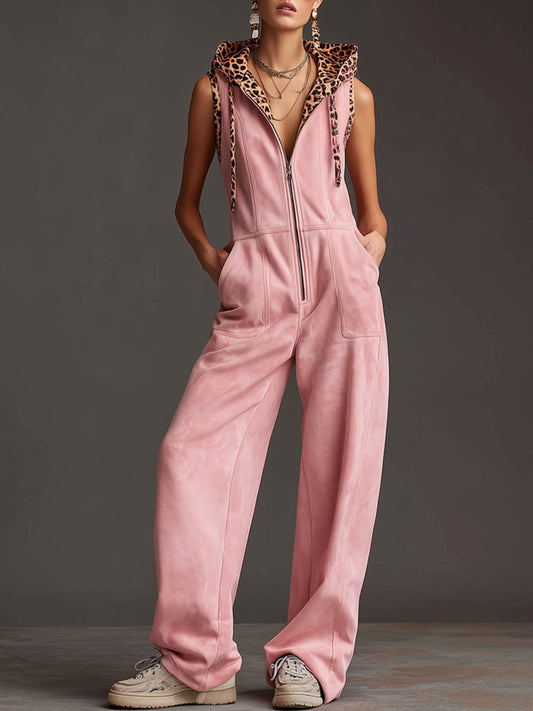 Pink Faux Suede Sleeveless Leopard Print Hooded Wide-Leg Jumpsuit