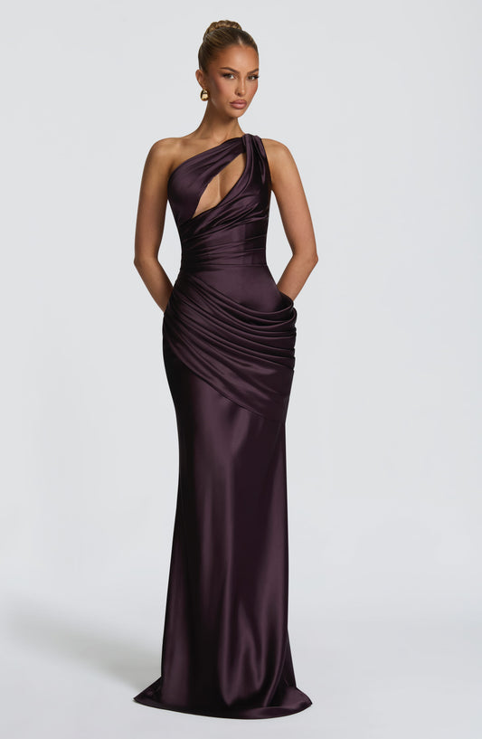 Emira Corset Maxi Dress Plum – styling detail