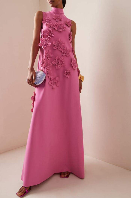 Pink Wedding Guest Maxi Dress for Women | 3D Floral Summer Occasion Dress - AMELIÈR VORÈ