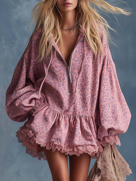 Pink Leopard Print Faux Suede Hooded Mini Dress