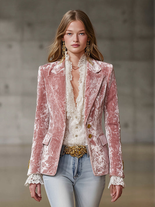 Retro Pink Velvet Blazer With Gold Button Detail Women's Jacket