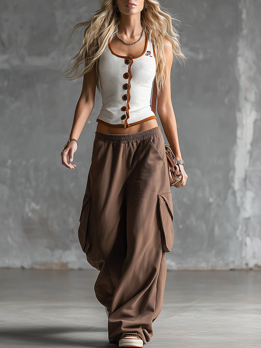 Sporty Tank Top and Sweatpants Matching Set White Brown