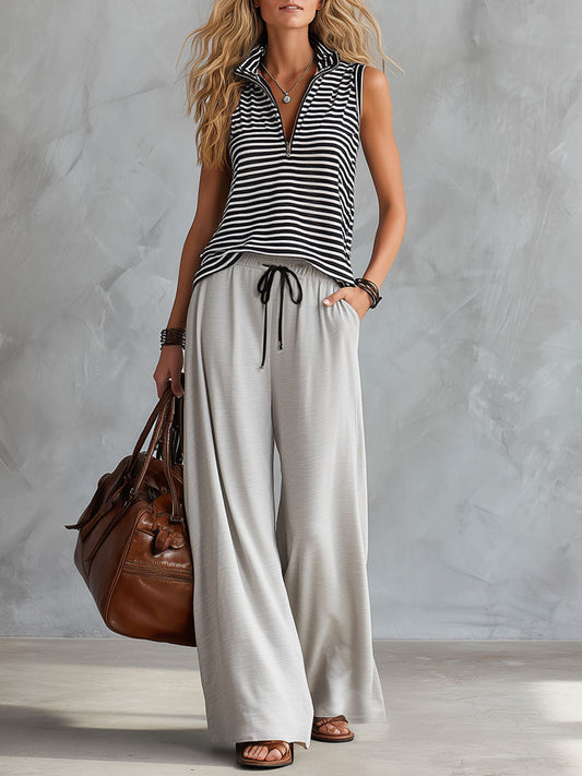 BXL Sporty Retro Striped Half-Zip Sleeveless Wide-Leg Lounge Set