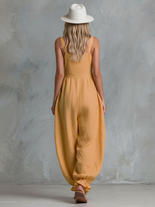 Breathable Cotton Linen Sleeveless Button Front Jumpsuit for Women
