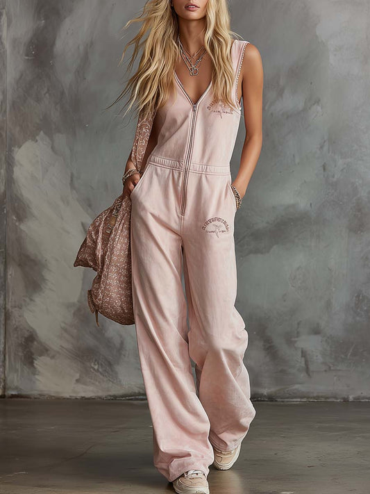 CSS Retro Sporty V-Neck Sleeveless Cotton Jumpsuit Light Pink