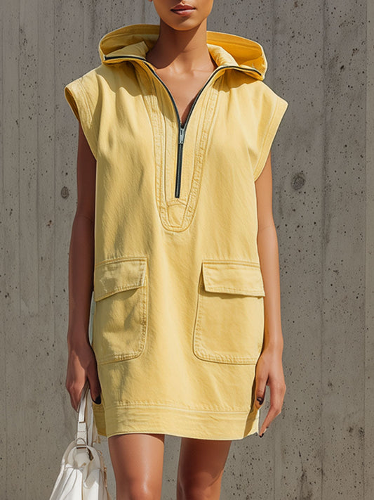 BXL Casual Retro Sleeveless Denim Hooded Half-zip Mini Dress Yellow