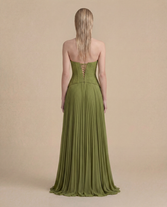 Olive Green Wedding Guest Maxi Dress for Women – Summer Halter Lace Corset Bodice Pleated Occasion Dress - AMELIÈR VORÈ