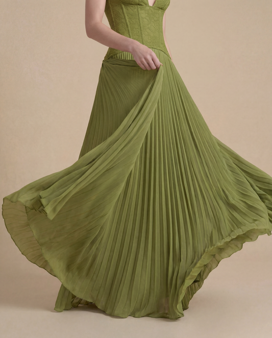 Olive Green Wedding Guest Maxi Dress for Women – Summer Halter Lace Corset Bodice Pleated Occasion Dress - AMELIÈR VORÈ