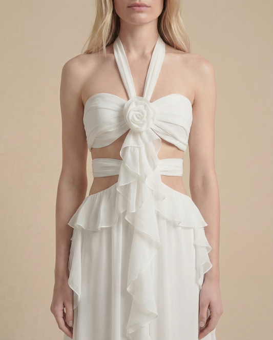 White Summer Maxi Dress for Women | Halter Open Back Occasion Dress - AMELIÈR VORÈ