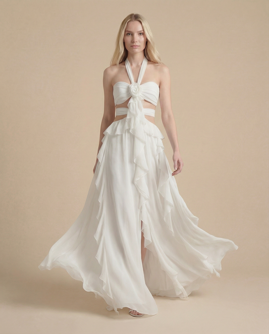 White Summer Maxi Dress for Women | Halter Open Back Occasion Dress