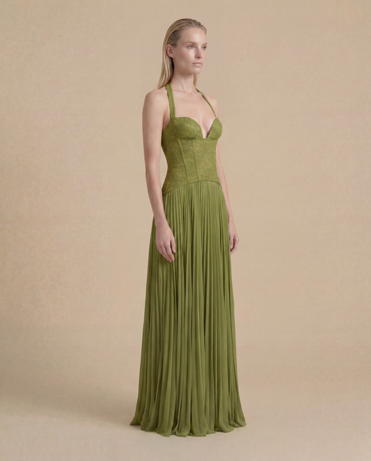 Olive Green Wedding Guest Maxi Dress for Women – Summer Halter Lace Corset Bodice Pleated Occasion Dress