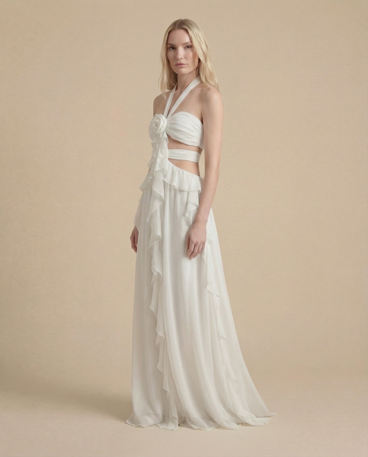 White Summer Maxi Dress for Women | Halter Open Back Occasion Dress - AMELIÈR VORÈ