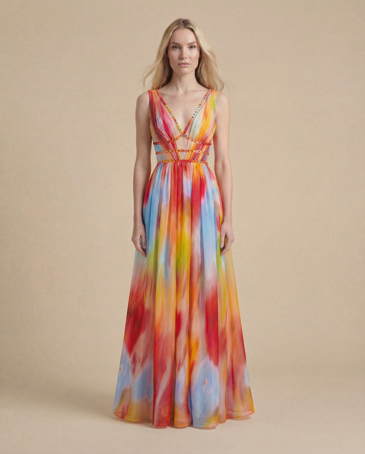 Multicolour Summer Wedding Guest Maxi Dress for Women | Open Back Occasion Dress