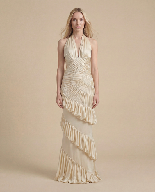 Ivory Summer Maxi Dress for Women | Halter Ruched Formal Occasion Dress