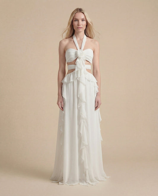 White Summer Maxi Dress for Women | Halter Open Back Occasion Dress