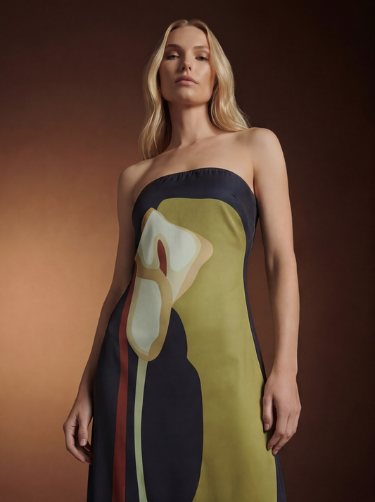 Navy Floral Print Wedding Guest Midi Dress – Strapless Calla Lily Art Print - AMELIÈR VORÈ