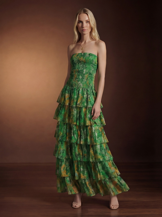 Product Title Green Floral Wedding Guest Maxi Dress – Strapless Tiered Ruffle Smocked - AMELIÈR VORÈ