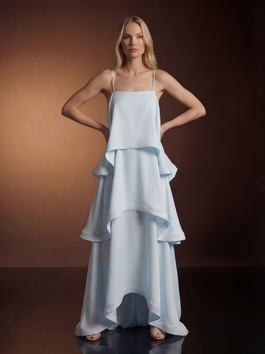 Light Blue Wedding Guest Maxi Dress for Women | Layered Ruffle Occasion Dress - AMELIÈR VORÈ