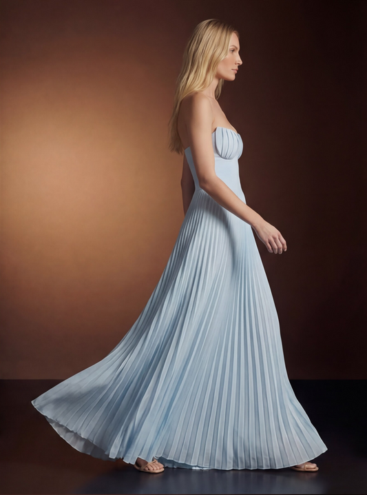 Powder Blue Pleated Wedding Guest Maxi Dress – Strapless Sweetheart - AMELIÈR VORÈ
