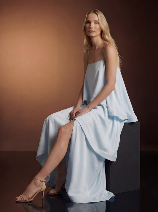 Light Blue Wedding Guest Maxi Dress for Women | Layered Ruffle Occasion Dress