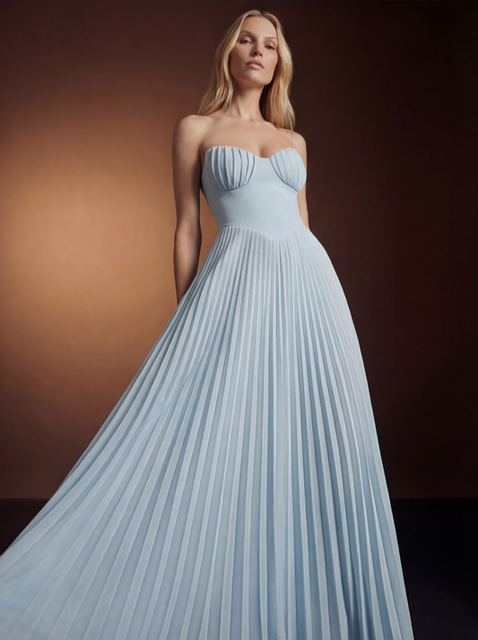 Powder Blue Pleated Wedding Guest Maxi Dress – Strapless Sweetheart