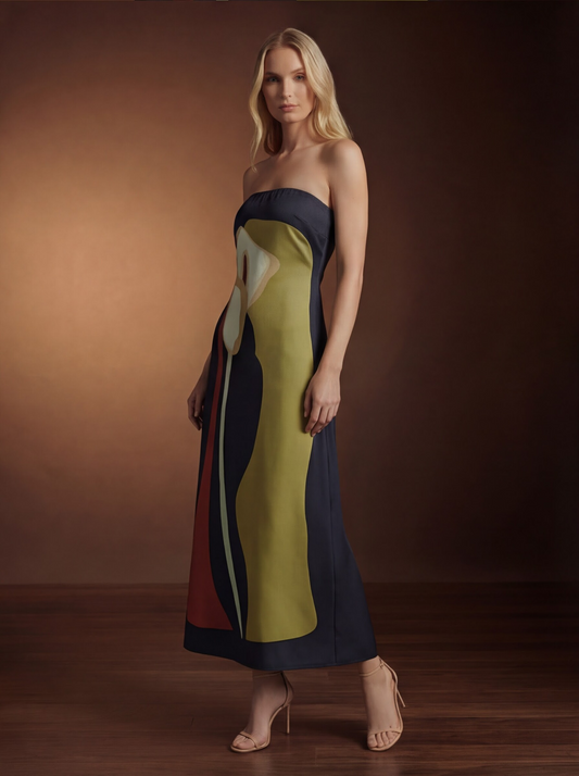 Navy Floral Print Wedding Guest Midi Dress – Strapless Calla Lily Art Print
