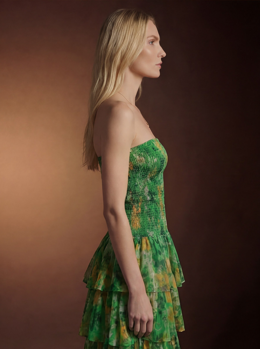 Product Title Green Floral Wedding Guest Maxi Dress – Strapless Tiered Ruffle Smocked - AMELIÈR VORÈ